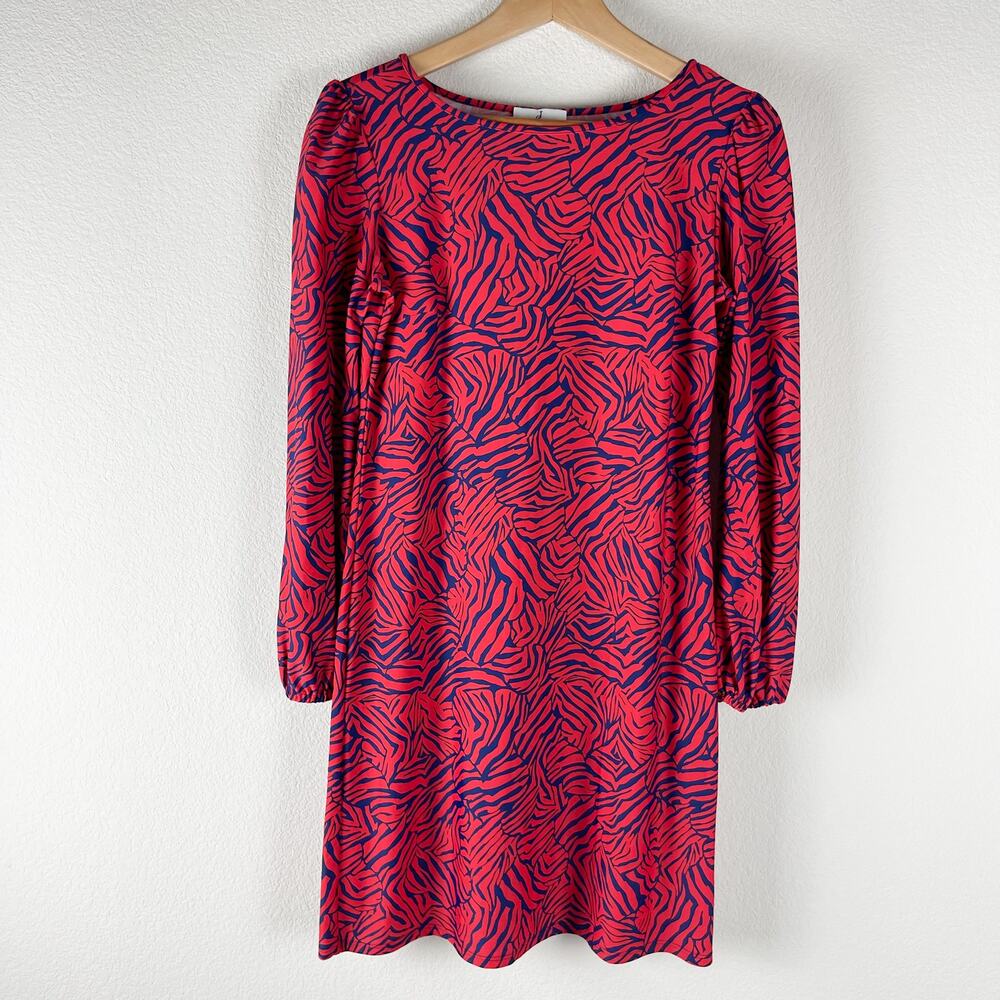 Jude Connally Dress Womens Small Red‎ Blue Printed Shift Long Sleeve Classic